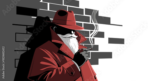 A mysterious figure in a red trench coat, smoking against a brick wall in monochrome shades