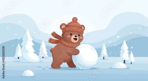 Animated bear making a snowball, symbolizing winter fun and seasonal joy amidst a snowy landscape