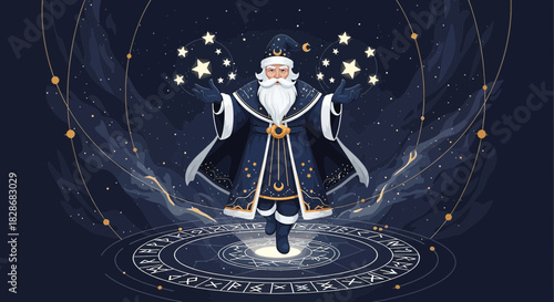 Celestial mage casting stellar spells in mystical ritual circle under starry sky