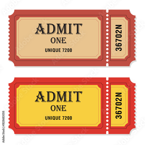 Vintage Admit One Tickets in Red and Yellow – Classic Retro Event Passes with Unique Serial Numbers, Raffle Coupon Style, Isolated on White Background for Carnival, Festival, and Entertainment Use