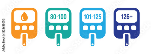 Glucometer icon for glycemic measurement with blood sugar level.  Understand blood sugar levels with these colorful meters. Glucose monitor vector illustration set.