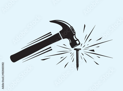 DIY Hammer Strike Vector — Simple Black Silhouette with Motion Lines and Tiny Sparks
