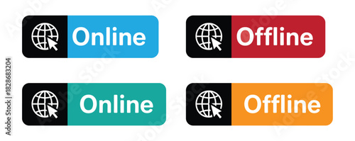 Online and offline vibrant colorful internet connection buttons. Online and Offline Internet Connection Icon set. network connection problem warning. Globe icon with no signal and good signal sign.