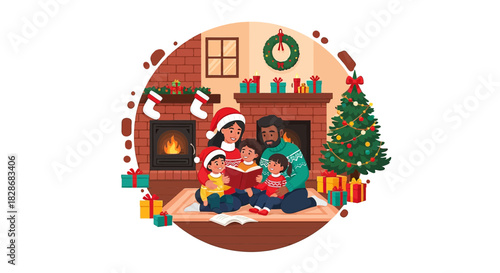 Cozy christmas illustration showcasing a family reading together by the fireplace