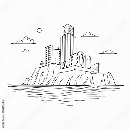 City skyline stands atop rocky cliffs overlooking the calm ocean