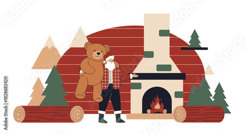 Cozy Christmas scene with Santa carrying a teddy bear near a warm fireplace scene