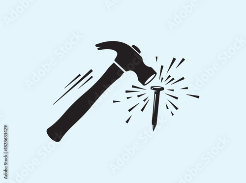 Hammer and Nail Silhouette Vector — Minimal Black Stencil on White Background

