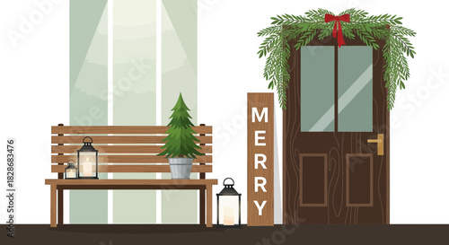 Cozy christmas porch scene with festive decor and welcoming seasonal ambiance rendered with