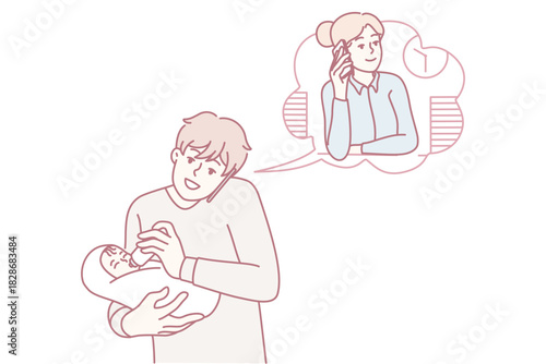 young father holding newborn imagining partner in thought bubble, tender cradle scene, intimate nursery mood,