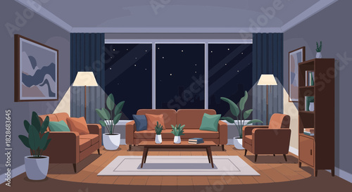 Cozy living room illustration with warm lighting and serene night view with stars
