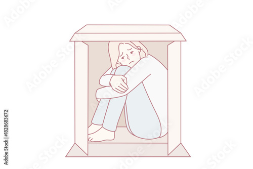 Unhappy young woman sit in box suffer from sociophobia. Upset girl hide in cardboard parcel struggle from loneliness or solitude. Vector illustration.