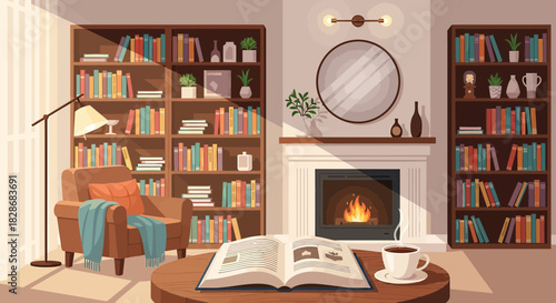 Cozy reading room with fireplace and bookshelves provides an inviting atmosphere for learning and