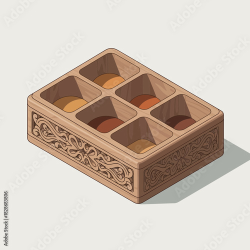Wooden box with decorative carvings and assorted earthy colored pigments