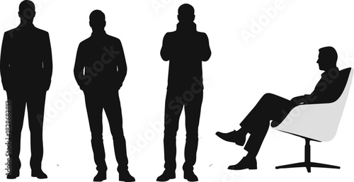 Business professional silhouettes, office teamwork, corporate collaboration, leadership concept, executive staff standing, seated figure, formal attire, workplace 