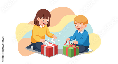 Delighted children unwrapping vibrant gifts, creating moments of joy and anticipation on white