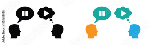 People communicating and sharing ideas with play and pause symbols