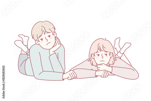 Bored little kids lying on ground feel lazy and unmotivated. Unhappy sad children show boredom and laziness. Childhood lifestyle. Vector illustration.