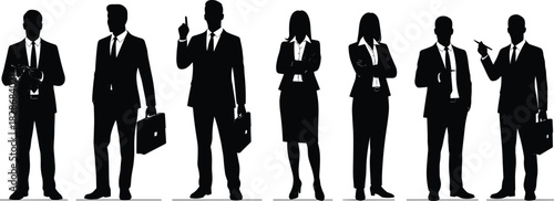 Business professional silhouettes, teamwork collaboration, corporate leadership, office staff standing, formal attire, business meeting concept, executive group, company success