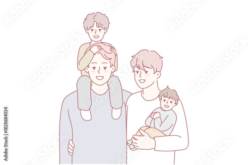 Happy homosexual men with small kids establish family. Smiling gay couple adopting children. LGBTQ parents. Vector illustration.