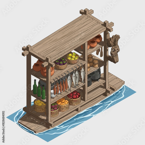 Floating Southeast Asian Market with Fresh Produce and Traditional Wares