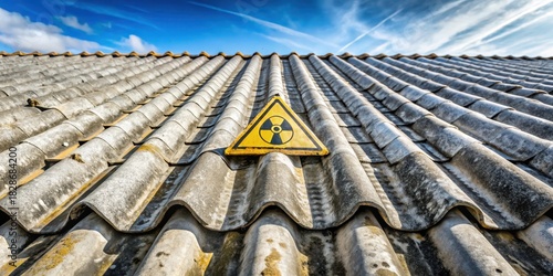 Old asbestos stack on roof with warning sign and safety symbols