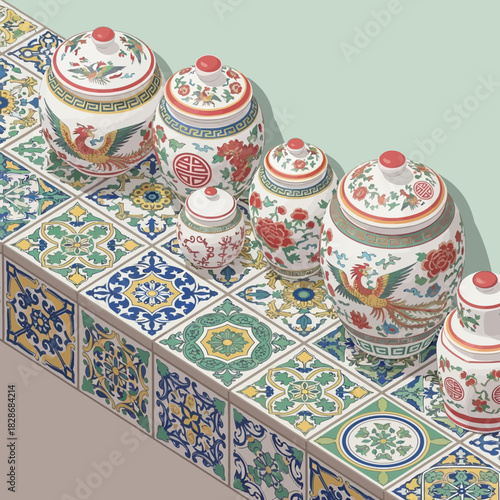 Isometric illustration of traditional ornate ginger jars on patterned tiles