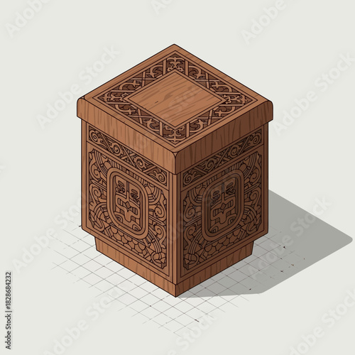 Isometric intricate wooden cube carving art design illustration element