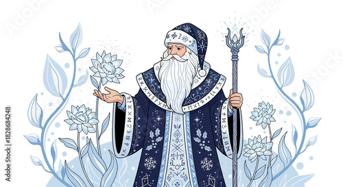 Enchanting winter wizard holding magical staff surrounded by icy blooms ethereal art