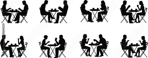 Cafe conversation silhouette, people talking at table, social interaction, casual meeting, coffee shop scene, human connection, communication, lifestyle moment
