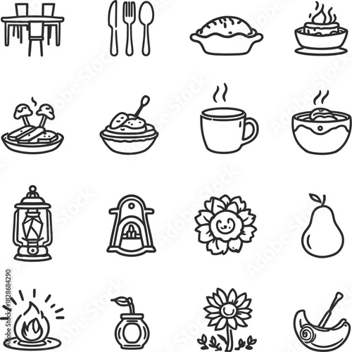 Food and nature icon set in black line style featuring pie soup fireplace sunflower pipe and dining table