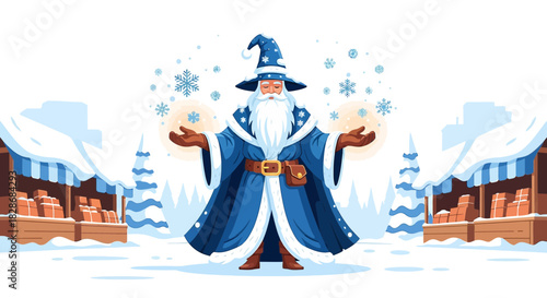 Enchanting wizard in a winter fair conjuring snow and festive atmosphere around booths
