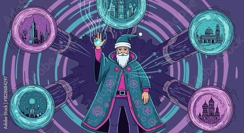 Enchanting time traveler exploring diverse architectural futures and historical landmarks using