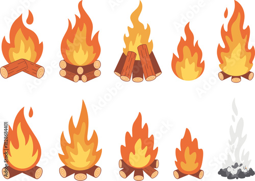 Campfire, flame, smoke, firewood, burning, extinguished, outdoor, survival, heat, ember, cartoon, illustration, teepee, crisscross, ash, smoldering, fire stages, camping, wilderness, design