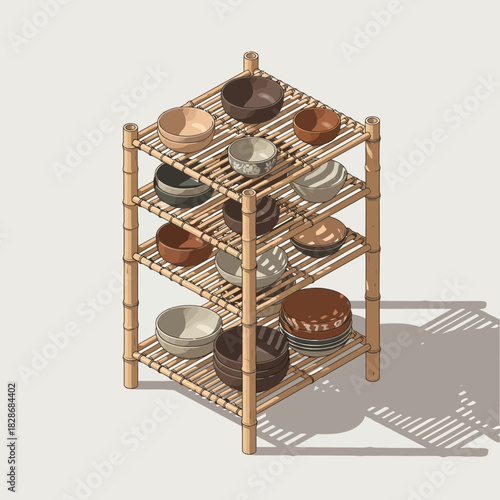 Stylized Bamboo Shelf Unit Displaying an Assortment of Pottery Bowls
