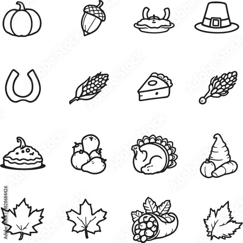 Thanksgiving icon set in black line style featuring turkey pie pilgrim hat cornucopia grapes apples and maple leaves