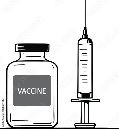 Vaccine and syringe icon in black line style symbolizing immunization and medical treatment