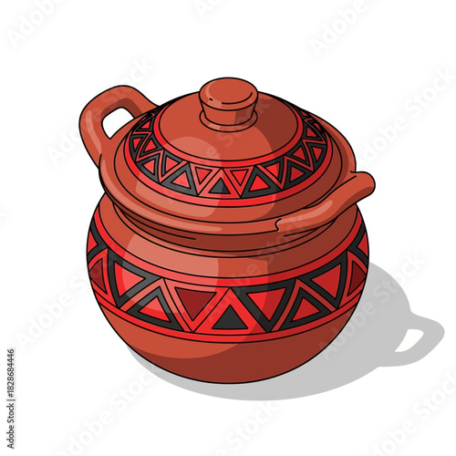 Traditional patterned terracotta pot with lid isolated on white background