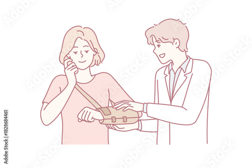 caregiver offering warm food and medicine, male caregiver hands plate while woman touches throat, kitchen
