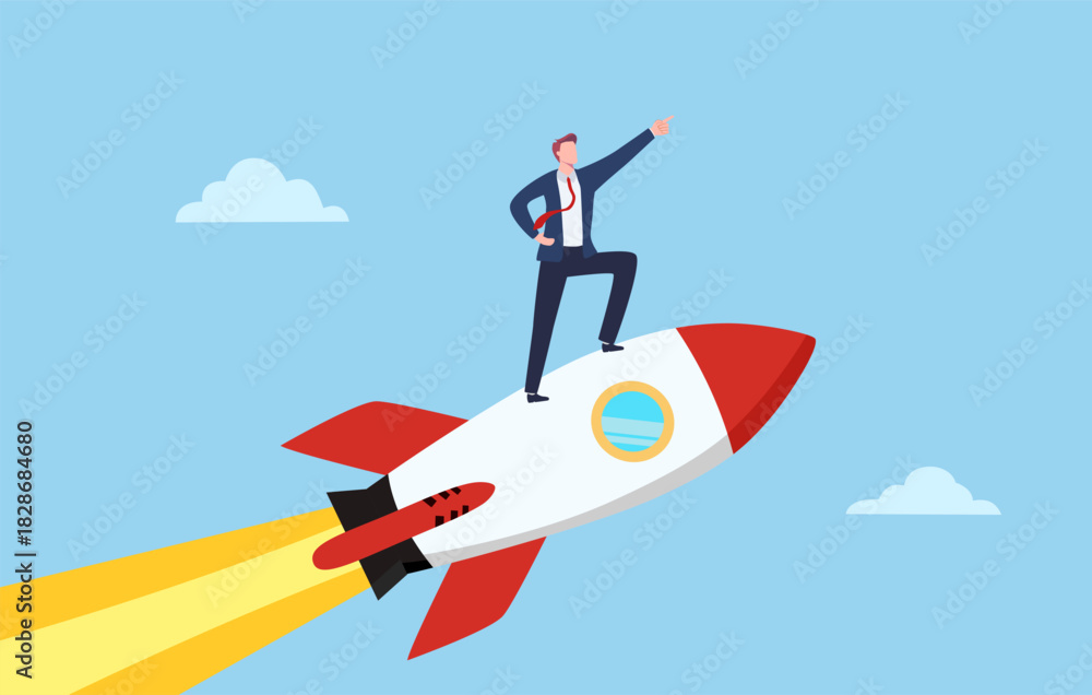 Fototapeta premium Successful businessman start up holding flag on rocket flying through sky, Business concept illustration