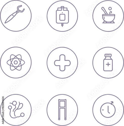 Medical and science icon set in purple line style featuring forceps IV bag atom walker and stopwatch