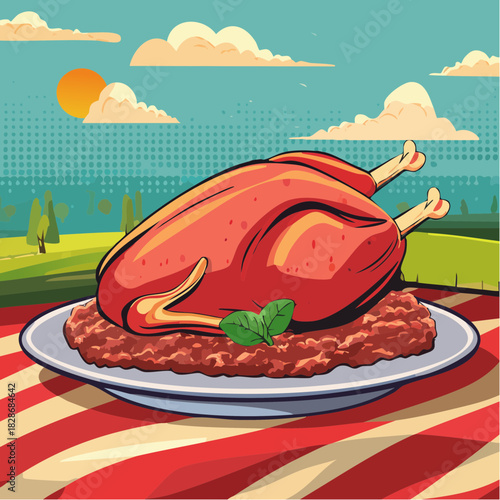 gebratenes Hähnchen auf einem Tisch - Cartoon Comic Stil