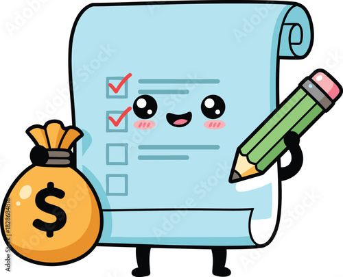 Cartoon checklist character with pencil and money bag, financial planning illustration, budgeting concept, productivity design, business finance creative art