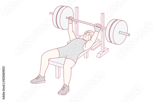 man bench pressing heavy barbell on flat bench focused expression explosive lift loaded plates visible intense effort strength training scene gym equipment present
