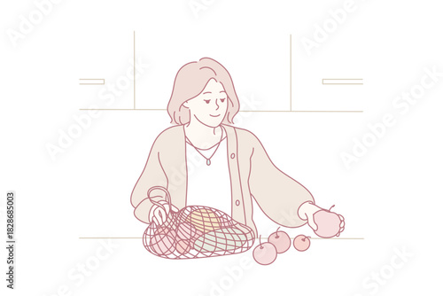 woman unpacking reusable bag of apples, sorting fruit on kitchen counter, net shopping bag, eco-conscious