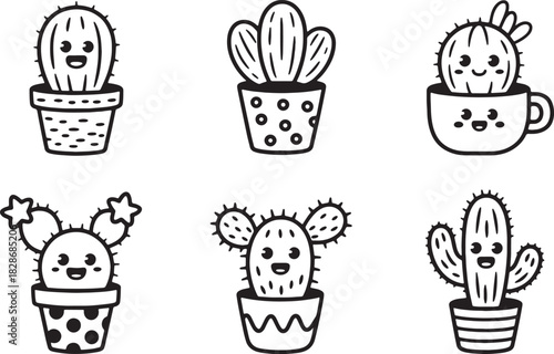 Cactus plants with faces silhouette vector illustration