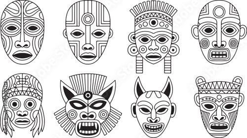 Collection of African Tribal Masks Line Art on Transparent Backdrop