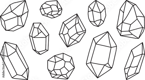 Collection of Hand Drawn Crystal Gems on Transparent Background