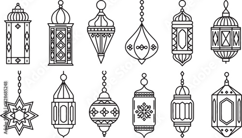 Collection of Ramadan Lanterns Line Art on Transparent Backdrop