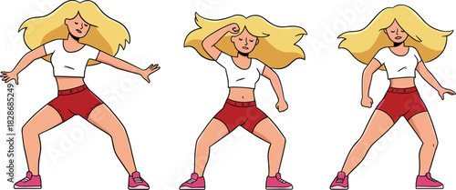 Cartoon dancer in motion, energetic dance pose, blonde hair animation, red shorts, white crop top, expressive movement, rhythm, choreography, performance, fitness, stylish outfit, dynamic action,
