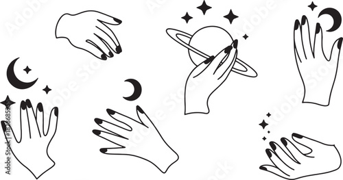 Collection of Hands with Astrology and Space Elements on Transparent